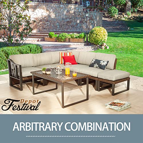 Festival Depot Patio Ottoman Outdoor Wicker Footstool Small Seat Rattan Furniture with All- Weather Metal Legs and 6.3" Cushion for Deck Poolside Yard Garden Porch (Grey) 