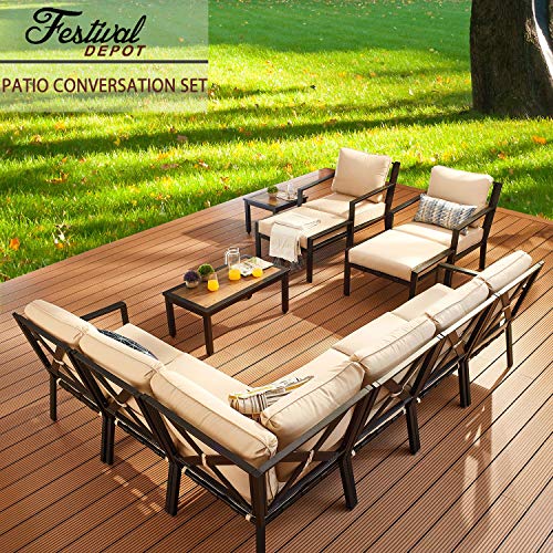 Festival Depot 11-Pieces Patio Outdoor Furniture Conversation Sets Sectional Corner Sofa, All-Weather Black X Slatted Back Chair with Coffee Table and Thick Removable Couch Cushions (Beige)