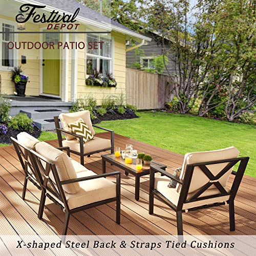 Festival Depot 5 Pieces Patio Outdoor Conversation Set Armrest Sofa Chairs with Seating Back Cushions Metal Side Coffee Table Garden (Beige) 