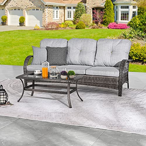 Festival Depot 2 Pieces Patio Bistro Set PE Wicker 3-Seat Sofa Set with Tempered Glass Top Side Table Outdoor Furniture Conversation Set (Brown Wicker, Grey Cushion)