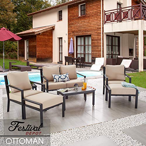 Festival Depot Dining Outdoor Patio Bistro Furniture Ottoman Footstool with Slatted Steel Frame Legs with Embed Premium Fabric Soft & Comfortable 4.3" Cushion Foot Rest for Garden Yard All-Weather