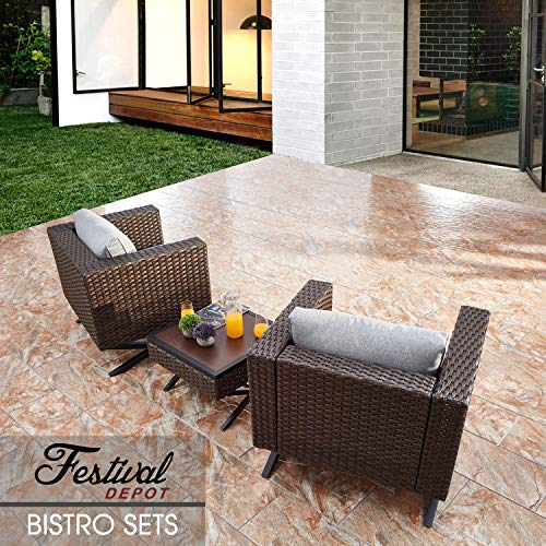 3-Piece Bistro Outdoor Conversation Set Wicker Rattan Armrest Chairs with Deep Cushion Square Wood Grain Top Side Coffee Table 