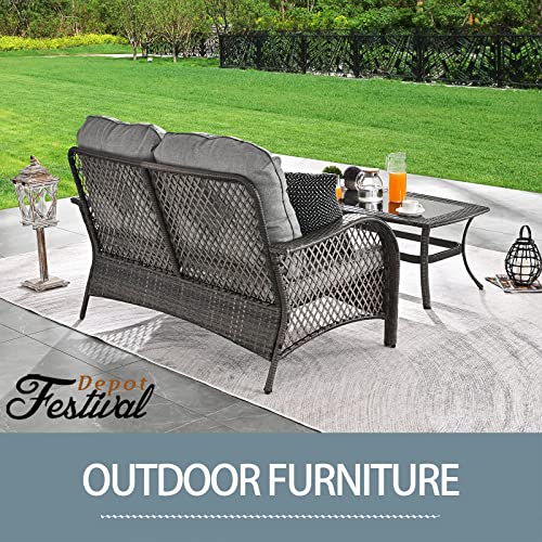 Festival Depot 2 Pieces Patio Bistro Set PE Wicker Loveseat with Tempered Glass Top Side Table Outdoor Furniture Conversation Set (Brown Wicker, Grey Cushion)