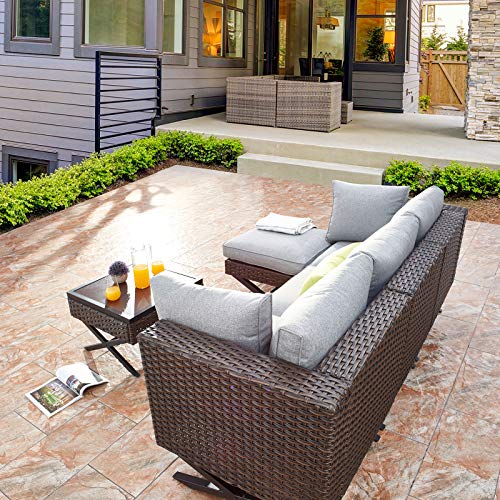 Festival Depot 5pcs Outdoor Furniture Patio Conversation Set Sectional Sofa Chairs with X Shaped Metal Leg All Weather Brown Rattan Wicker Ottoman Side Coffee Table with Grey Thick Seat Back Cushions