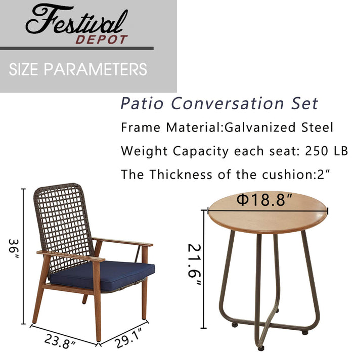 Festival Depot 6 Pieces Patio Outdoor Furniture Conversation Set with Metal Side Coffee Side Table Wooden-Color Steel Wicker Weaving Mesh Back Armchair with Cushions (Blue) 