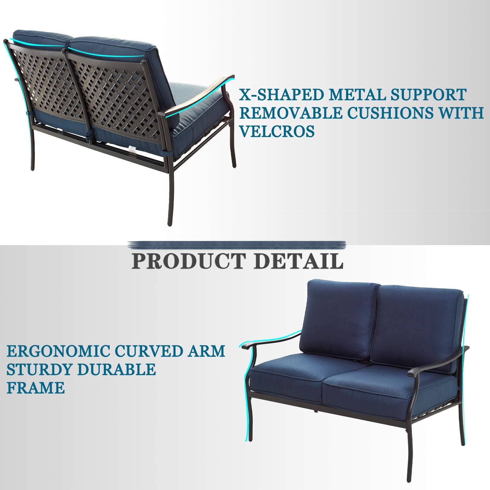 Festival Depot 4Pcs Outdoor Furniture Patio Conversation Set All Weather Black Metal Armchair Loveseat with Seat and Back Cushions, 3-Seating Chair, Rectangle Coffee Tables for Deck Lawn Garden