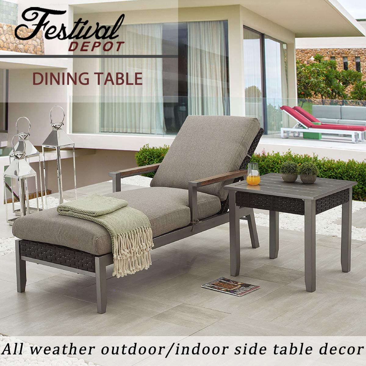 Festival Depot Patio Side Table Square Bistro Table in Metal Frame with Rattan Wicker Outdoor Furniture for Porch Deck Grey (22.5"x22.5"x21.9"H)