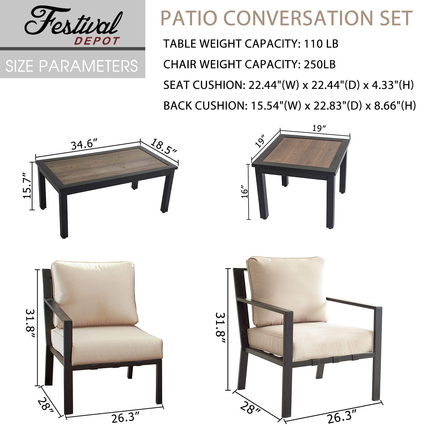Festival Depot Outdoor Furniture Patio Conversation Sets Loveseat Armchair, All-Weather Black X Slatted Backrest Chairs with Coffee Side Table and Thick Soft Removable Couch Cushions