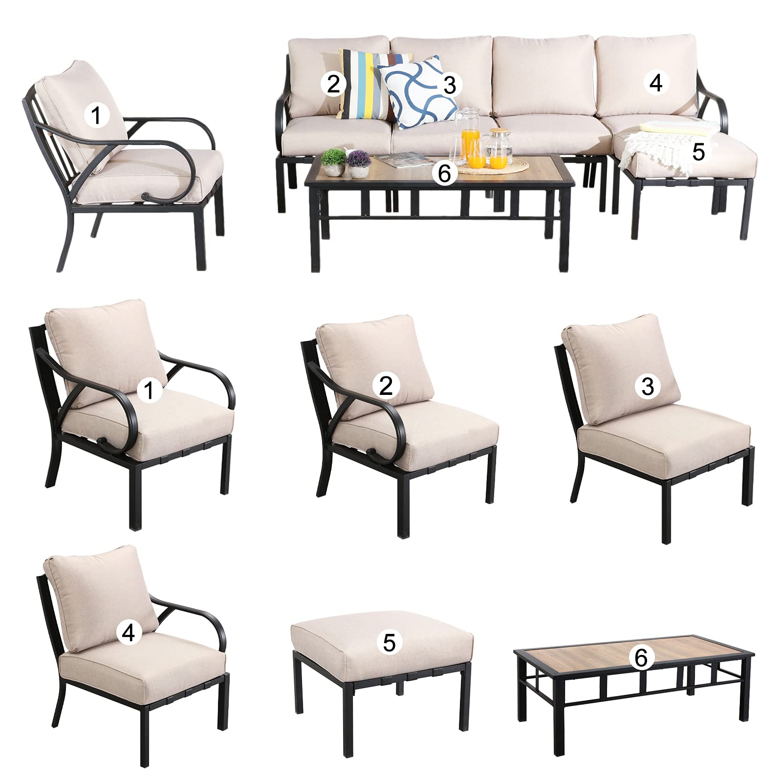 Festival Depot 7pcs Patio Conversation Set Sectional Metal Chairs Couch Sofa with Thick Cushions Ottoman and Coffee Table All Weather Outdoor Furniture for Garden Backyard Balcony, Beige