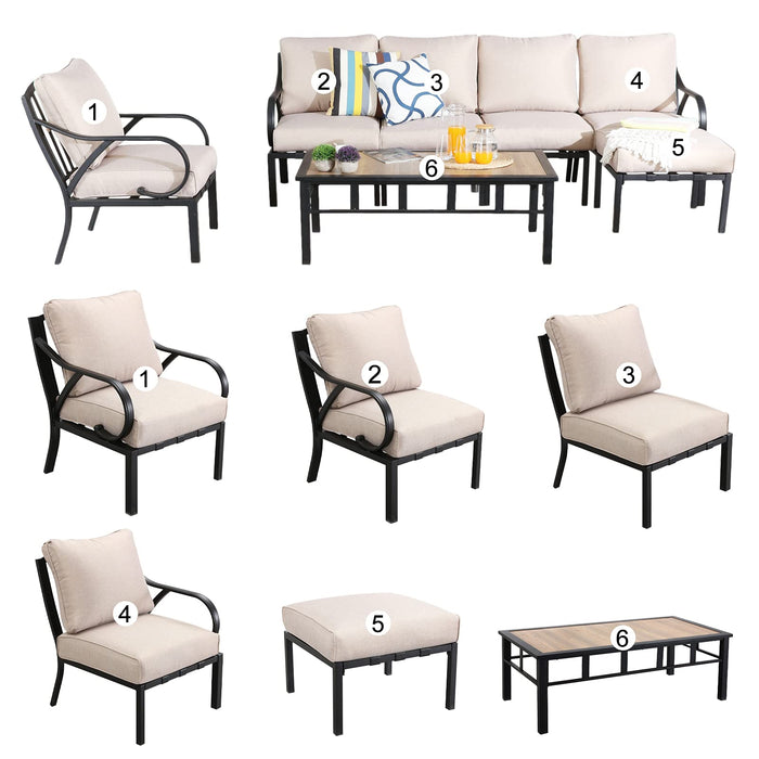 Festival Depot 7pcs Patio Conversation Set Sectional Metal Chairs Couch Sofa with Thick Cushions Ottoman and Coffee Table All Weather Outdoor Furniture for Garden Backyard Balcony, Beige 