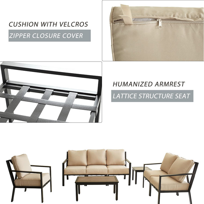 Festival Depot Outdoor Furniture Patio Conversation Sets Loveseat Armchair, All-Weather Black X Slatted Backrest Chairs with Coffee Side Table and Thick Soft Removable Couch Cushions 
