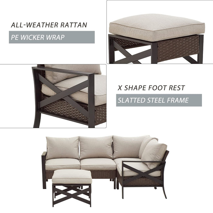 Festival Depot 5 Pieces Patio Furniture Set All-Weather Rattan Wicker Metal Frame Sofa Chair Outdoor Conversation Set Sectional Corner Couch with Cushions, Ottoman and Coffee Table for Deck Poolside 