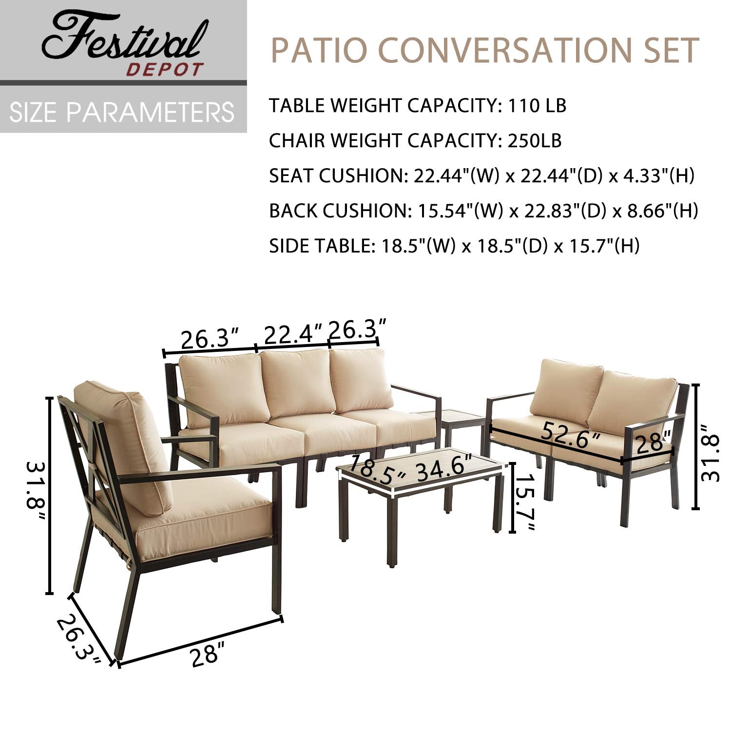 Festival Depot Outdoor Furniture Patio Conversation Sets Loveseat Armchair, All-Weather Black X Slatted Backrest Chairs with Coffee Side Table and Thick Soft Removable Couch Cushions