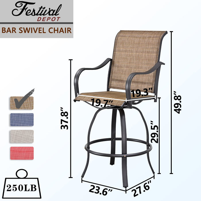 Stylish Outdoor Bar Set with 360° Swivel Textilene Chairs & Tempered Glass Table 