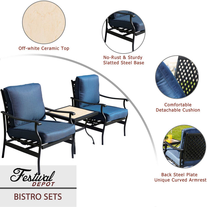 Festival Depot 3-Piece Patio Bistro Set Metal Dining Chairs with Thick Cushions and Ceramic Top Side Table All Weather Outdoor Furniture, Blue