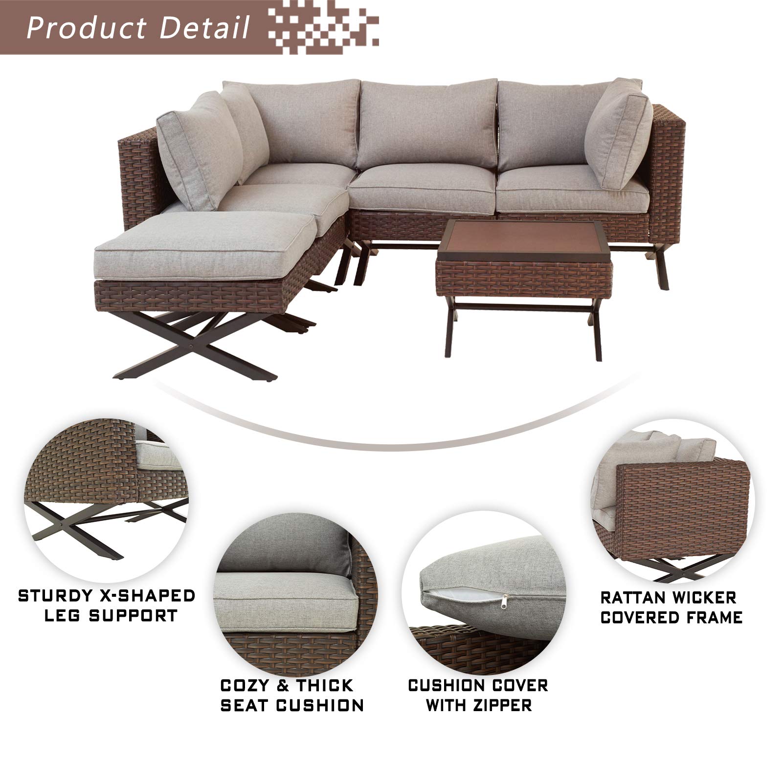 Festival Depot 6pcs Outdoor Furniture Patio Conversation Set Sectional Corner Sofa Chairs with X Shaped Metal Leg All Weather Brown Rattan Wicker Ottoman Side Coffee Table with Grey Seat Back Cushions