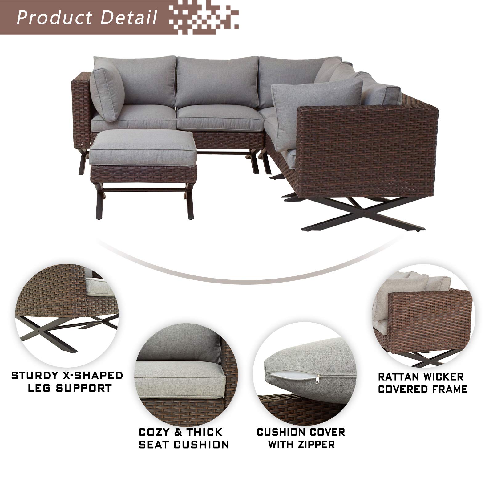 Festival Depot 6pcs Outdoor Furniture Patio Conversation Set Sectional Corner Sofa Chairs with X Shaped Metal Leg All Weather Brown Rattan Wicker Ottoman with Grey Thick Seat Back Cushions
