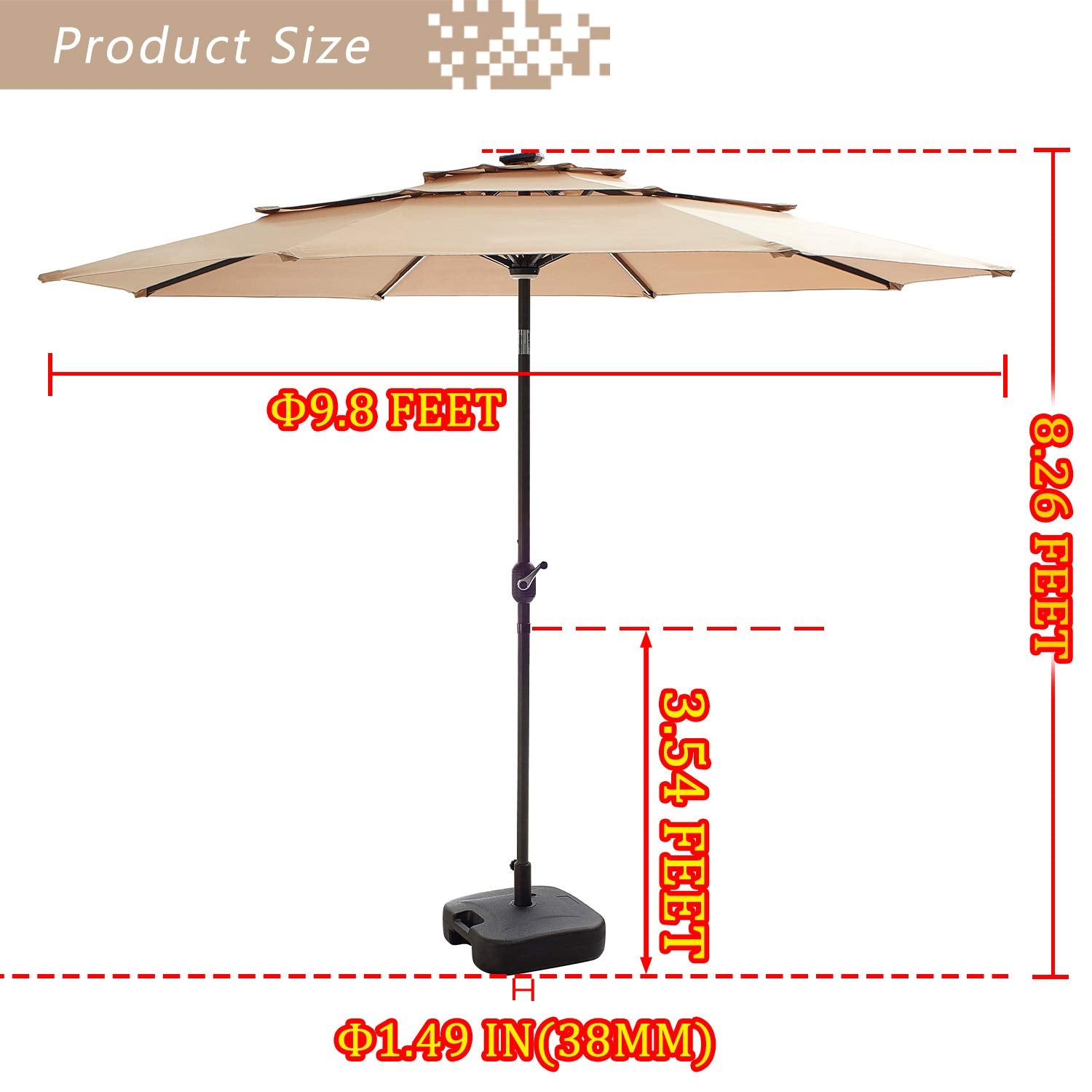 Festival Depot 9.8ft Outdoor Patio 3 Tiers Ventilation Market Aluminum Umbrella Button Tilt Easy Crank Center Light 8 Solar Powered LED Lights Bars All-Weather