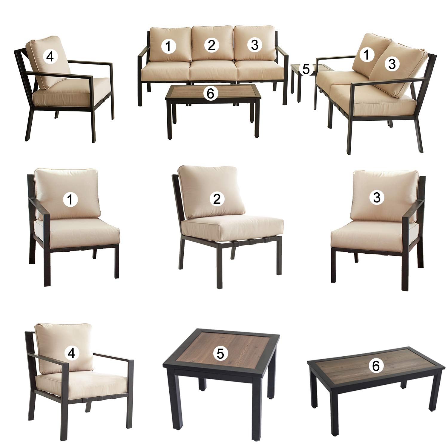 Festival Depot Outdoor Furniture Patio Conversation Sets Loveseat Armchair, All-Weather Black X Slatted Backrest Chairs with Coffee Side Table and Thick Soft Removable Couch Cushions