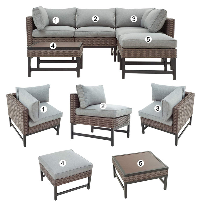 Festival Depot 5pc Patio Sectional Corner Sofa Set with Ottoman L Shape Outdoor All-Weather Wicker Metal Chairs with Seating Back Cushions Coffee Side Table Garden Poolside (Gray) 