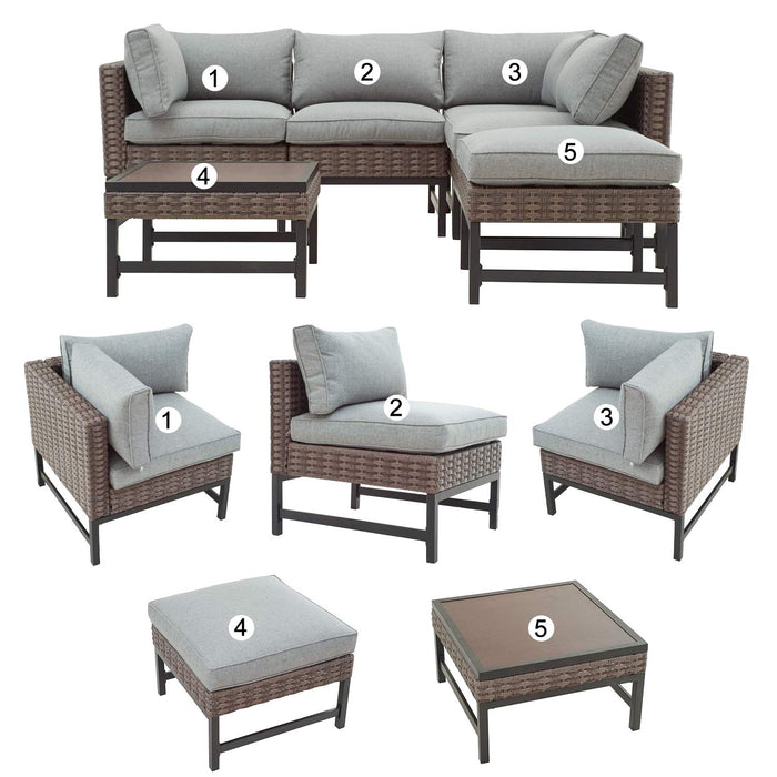 Festival Depot 5pc Patio Sectional Corner Sofa Set with Ottoman L Shape Outdoor All-Weather Wicker Metal Chairs with Seating Back Cushions Coffee Side Table Garden Poolside (Gray)