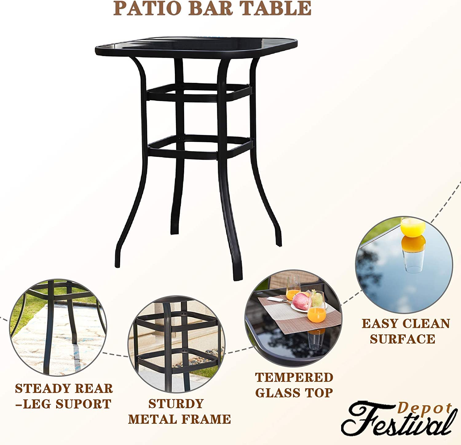 Festival Depot 5 pcs Bar Bistro Patio Outdoor Dining Furniture Sets High Stools 360° Swivel Chair with Slatted Steel Curved Armrest Coffee Table Tempered Glass Desktop (4 Chairs,1 Table)