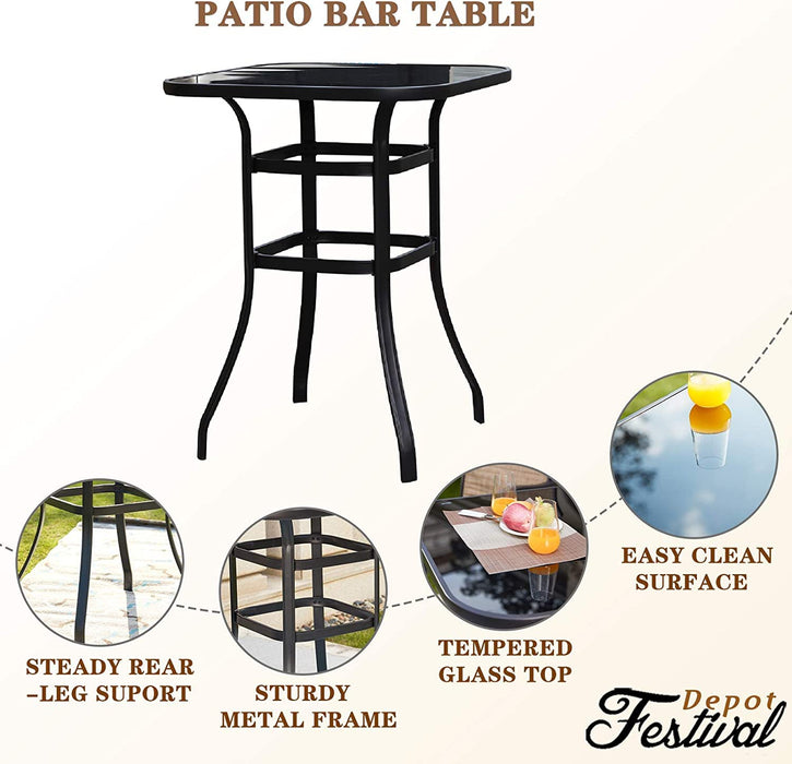 Festival Depot 5 pcs Bar Bistro Patio Outdoor Dining Furniture Sets High Stools 360° Swivel Chair with Slatted Steel Curved Armrest Coffee Table Tempered Glass Desktop (4 Chairs,1 Table) 