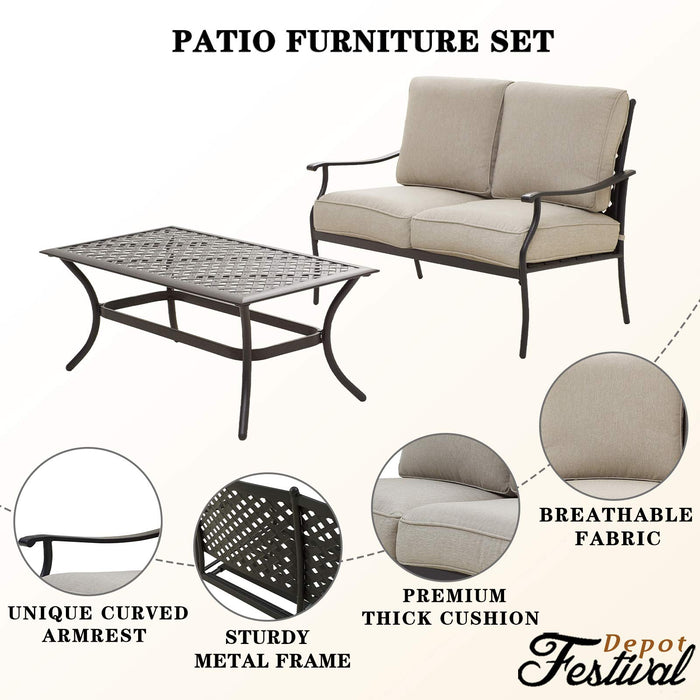 Festival Depot 2Pcs Patio Loveseat Set with Thick Cushions and Coffee Table Outdoor Metal Frame Seating Bench for Garden Bistro, Beige 
