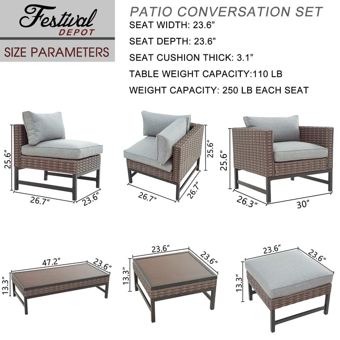 Festival Depot 10 Pieces Outdoor Furniture Patio Conversation Set Combination Sectional Sofa Loveseat All-Weather Woven Wicker Metal Armchairs with Seating Back Cushions Side Coffee Table Ottoman,Gray 