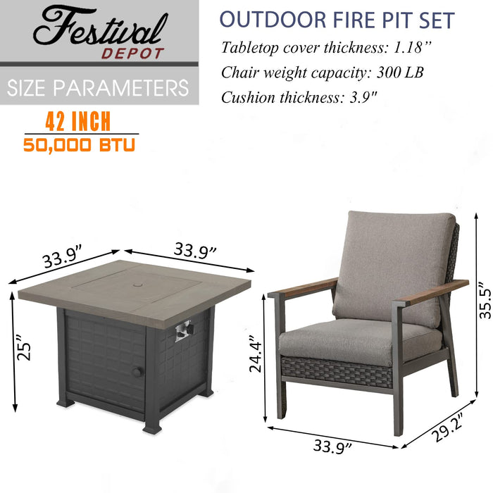 Sports Festival Fire Pit Table Set of Propane Fire Table and 4 Wicker Chairs with Thick Cushions and Rattan Back for Patio Outdoor Furniture, CSA Certification 