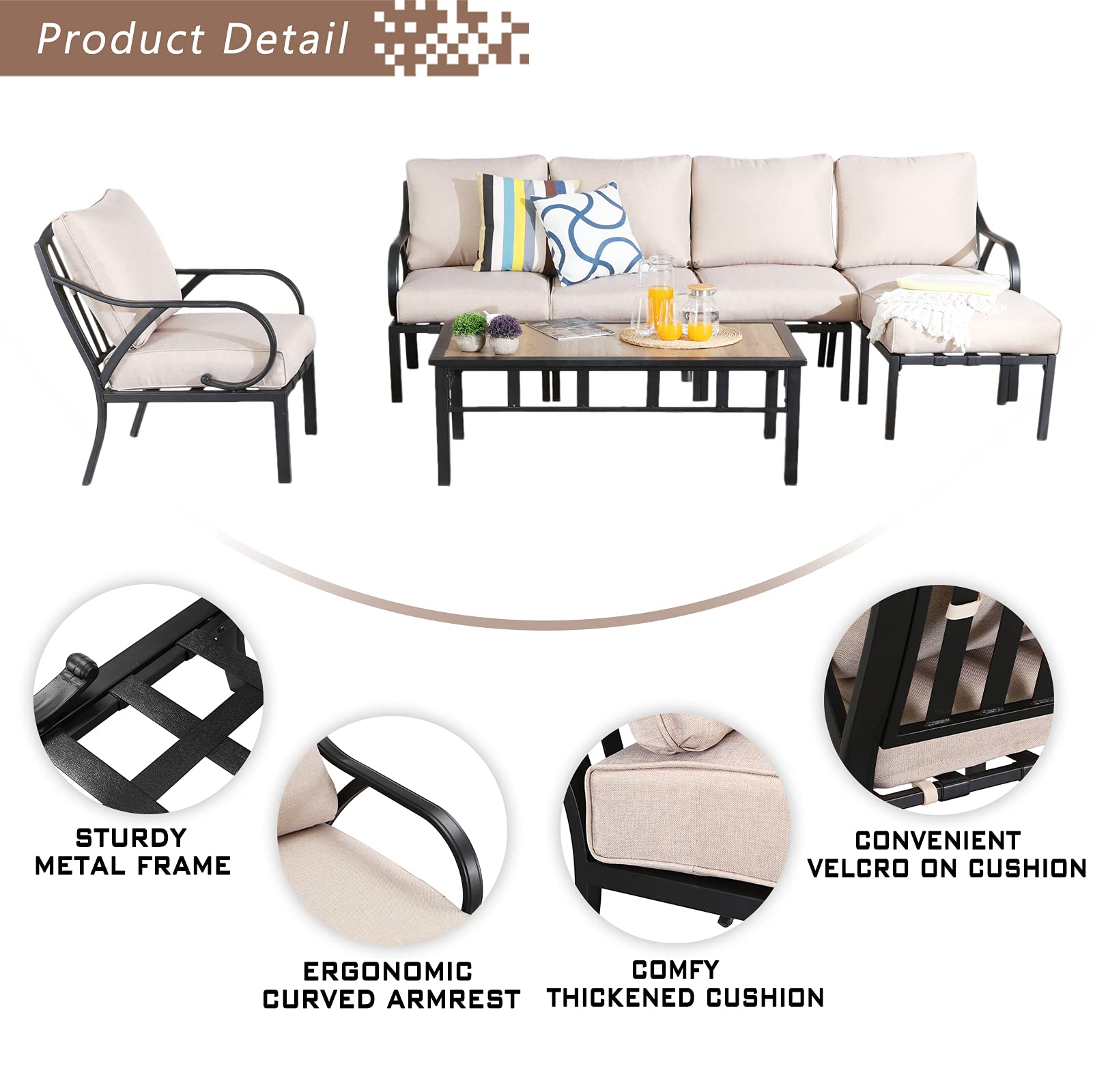 Festival Depot 7pcs Patio Conversation Set Sectional Metal Chairs Couch Sofa with Thick Cushions Ottoman and Coffee Table All Weather Outdoor Furniture for Garden Backyard Balcony, Beige