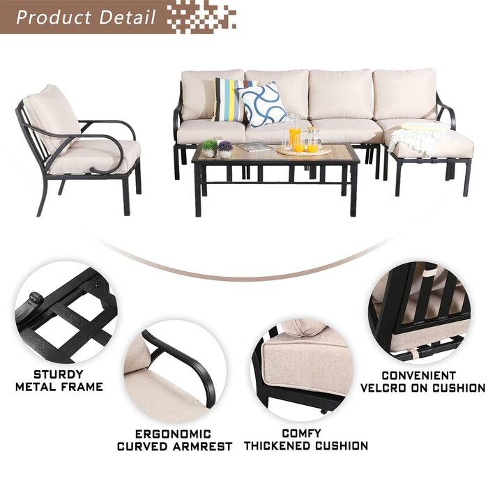 Festival Depot 7pcs Patio Conversation Set Sectional Metal Chairs Couch Sofa with Thick Cushions Ottoman and Coffee Table All Weather Outdoor Furniture for Garden Backyard Balcony, Beige 