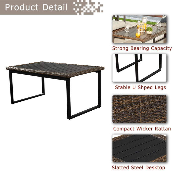 Festival Depot 7pcs Outdoor Furniture Patio Conversation Set Sectional Corner Sofa Chairs All Weather Brown Rattan Wicker Ottoman Slatted Coffee Table with Thick Seat Back Cushions (Grey) 