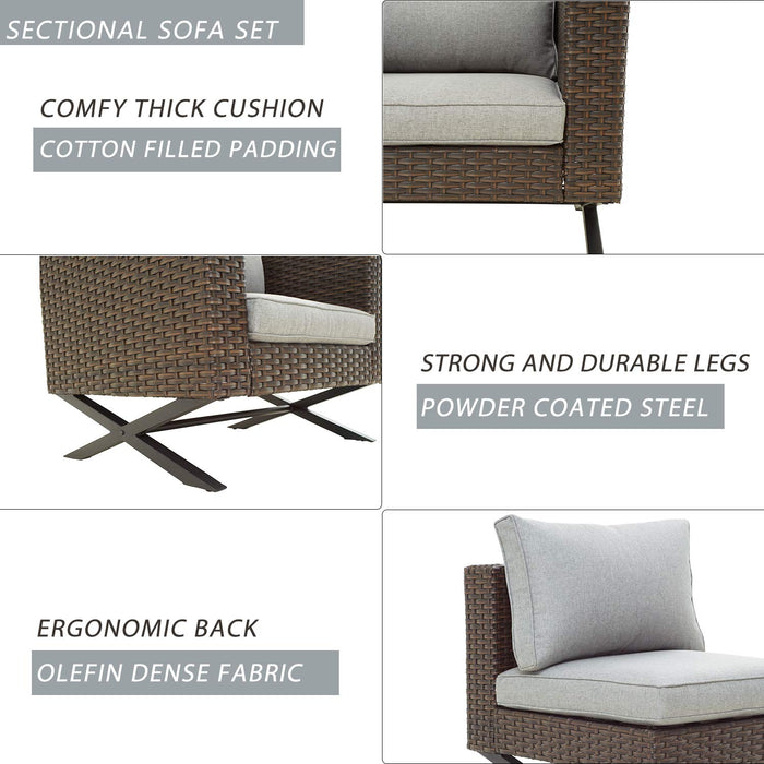 Festival Depot 4-Piece Patio Conversation Set Sectional Corner Sofa Combination X-Shaped Legs Outdoor All-Weather Wicker Metal Armless Chairs for Porch Lawn Garden Balcony Pool Backyard, Brown 