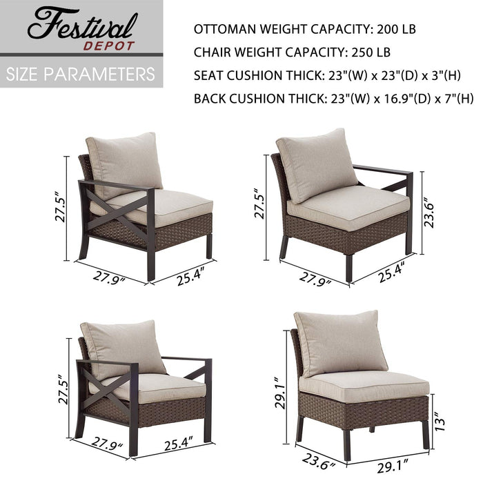 Festival Depot 5 Pieces Patio Furniture Set All-Weather Rattan Wicker Metal Frame Sofa Chair Outdoor Conversation Set Sectional Corner Couch with Cushions, Ottoman and Coffee Table for Deck Poolside 
