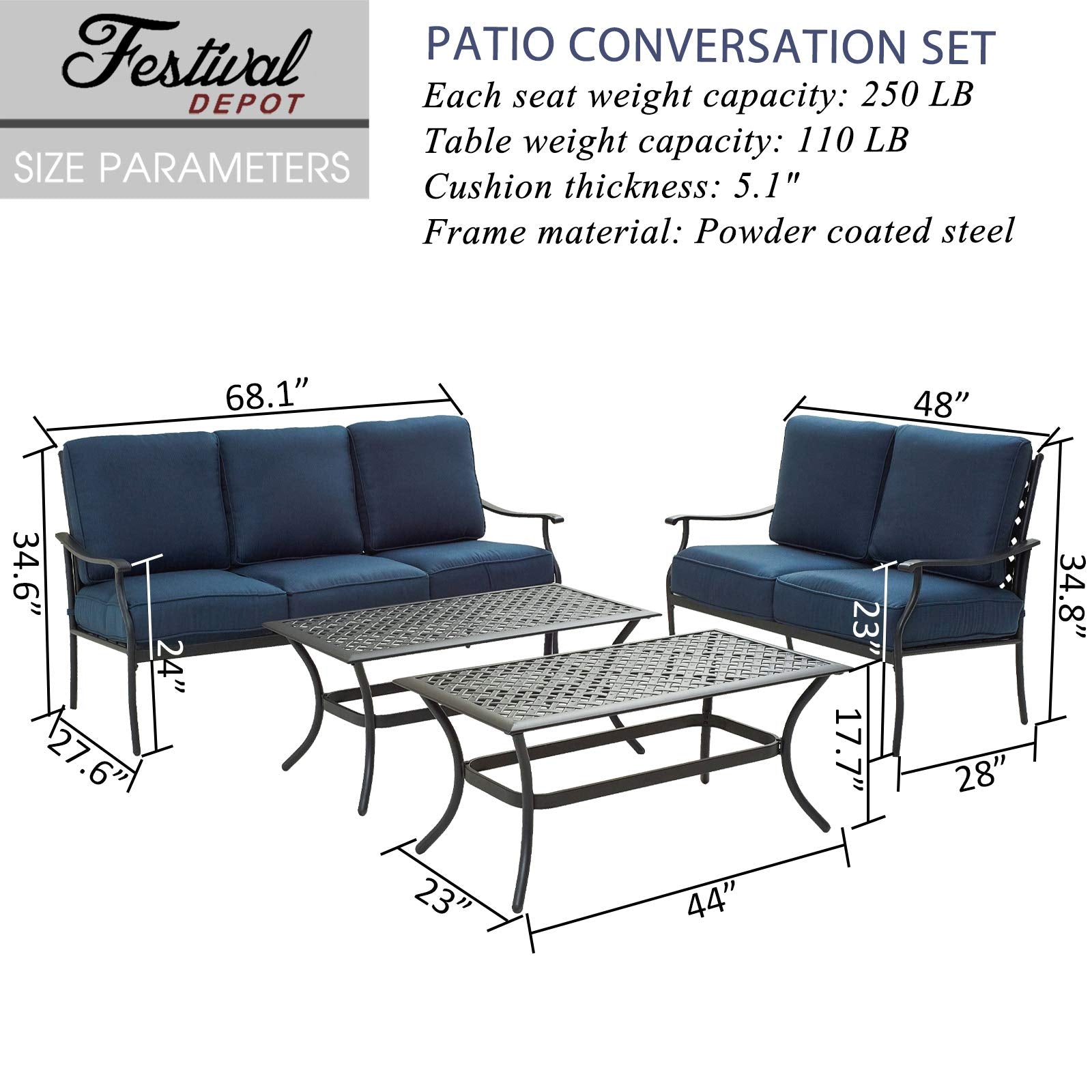Festival Depot 4Pcs Outdoor Furniture Patio Conversation Set All Weather Black Metal Armchair Loveseat with Seat and Back Cushions, 3-Seating Chair, Rectangle Coffee Tables for Deck Lawn Garden