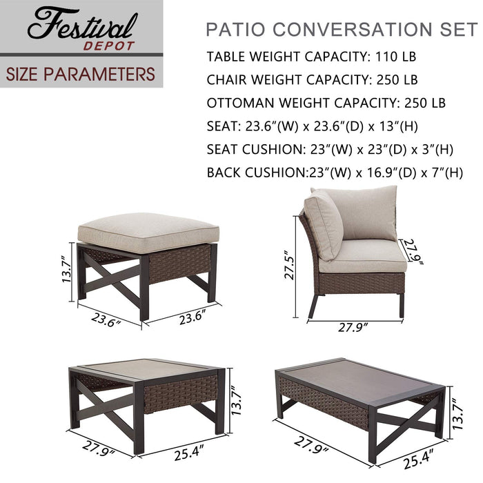 Festival Depot 5 Pieces Patio Furniture Set All-Weather Rattan Wicker Metal Frame Sofa Chair Outdoor Conversation Set Sectional Corner Couch with Cushions, Ottoman and Coffee Table for Deck Poolside 