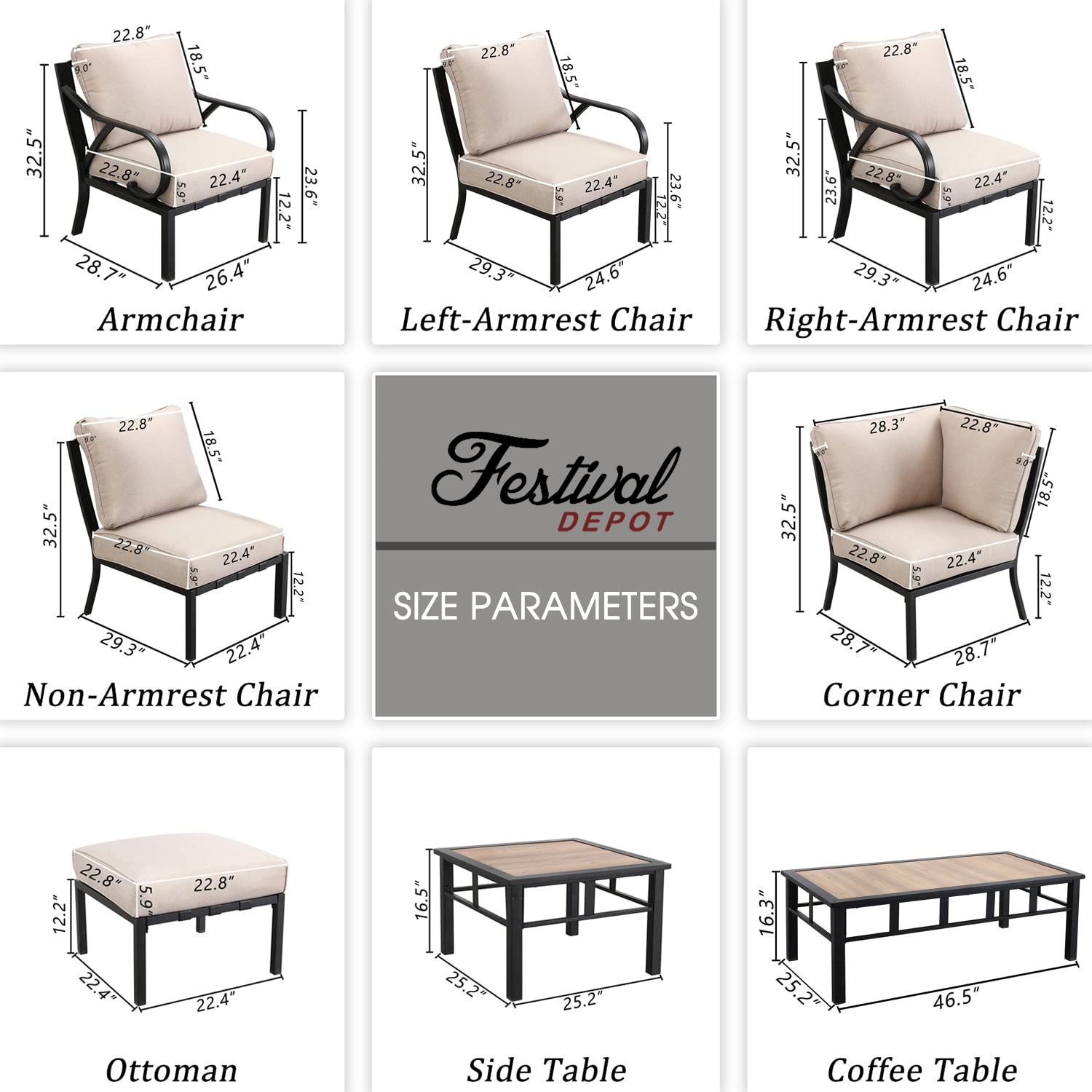Festival Depot 12 Pieces Patio Conversation Set Sectional Sofa Armchair Ottoman with Thick Cushions and Side Coffee Table All Weather Metal Outdoor Furniture for Deck Garden, Beige