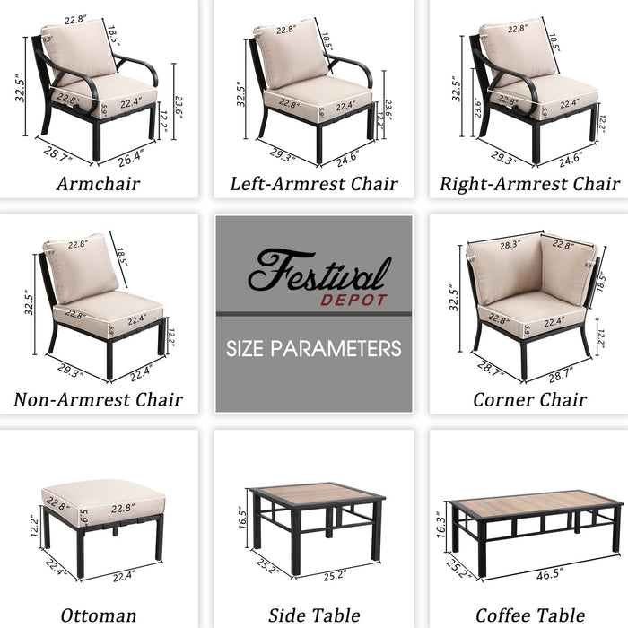 Festival Depot 12 Pieces Patio Conversation Set Sectional Sofa Armchair Ottoman with Thick Cushions and Side Coffee Table All Weather Metal Outdoor Furniture for Deck Garden, Beige 