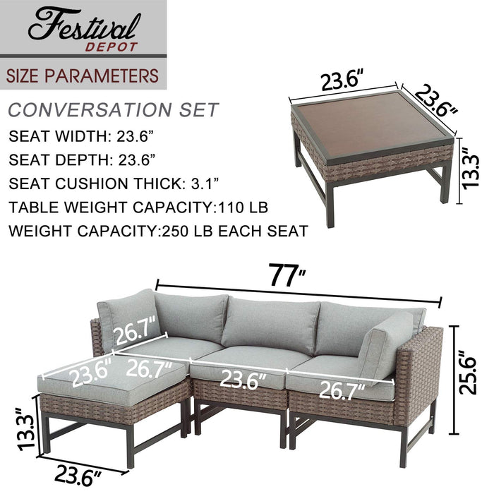 Festival Depot 5pc Patio Sectional Corner Sofa Set with Ottoman L Shape Outdoor All-Weather Wicker Metal Chairs with Seating Back Cushions Coffee Side Table Garden Poolside (Gray) 