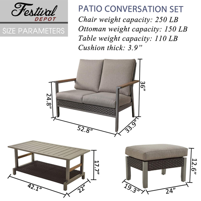 Festival Depot 4pcs Patio Conversation Set Wicker Chair All Weather Rattan Loveseat with Grey Thick Cushions Ottoman and Coffee Table in Metal Frame Outdoor Furniture for Deck Poolside 
