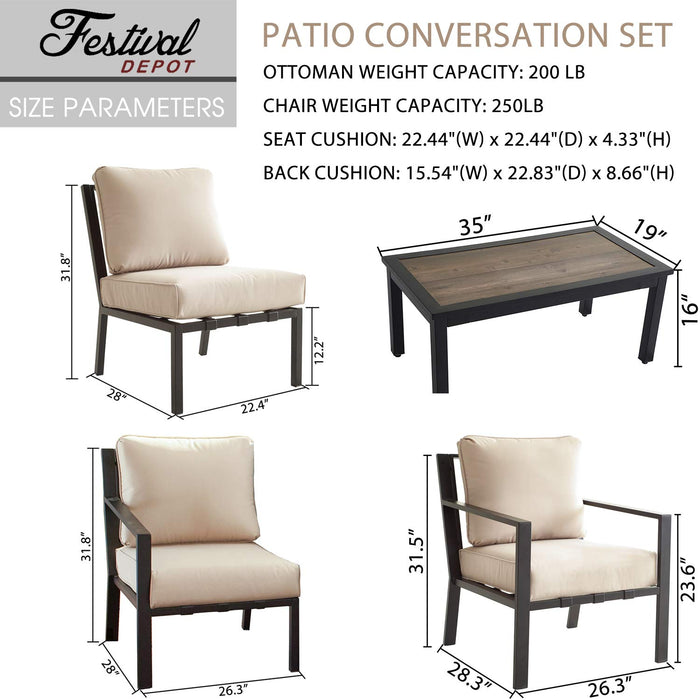 Festival Depot 3 Piece Patio Furniture Set All-Weather Polyester Fabrics Metal Frame Sofa Outdoor Conversation Set Sectional Armrest Chair Couch with Cushion & Coffee Table for Deck Poolside (Beige) 