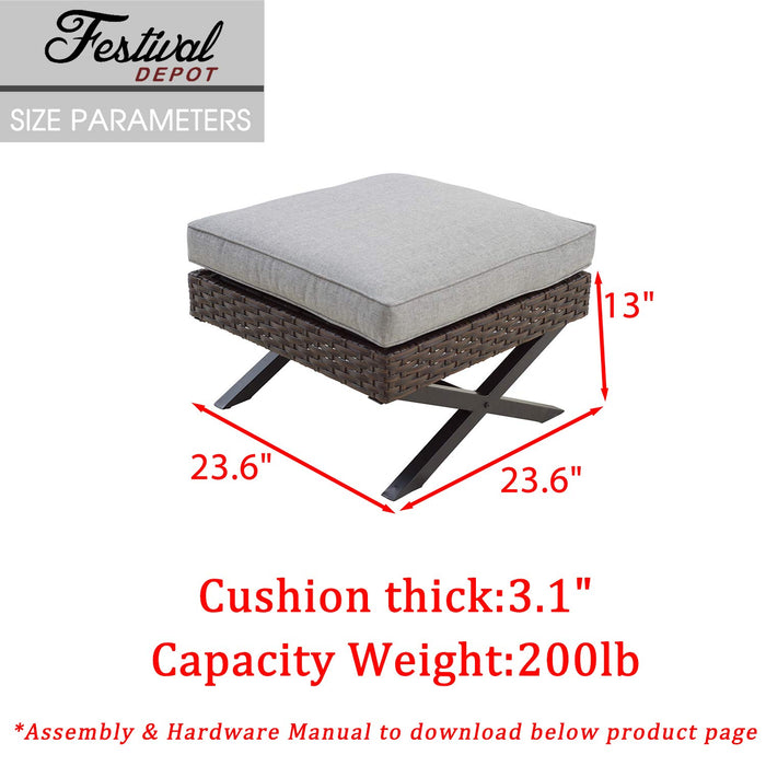 Festival Depot Wicker Patio Ottoman Metal Footstool with Thick Cushion and X Shaped Steel Legs Foot Rest Outdoor Furniture for Garden Yard Lawn All-Weather 