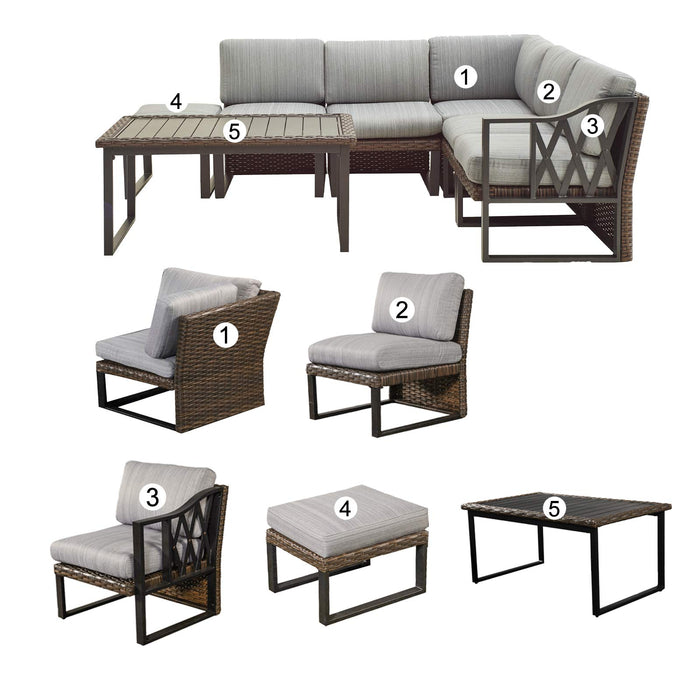 Festival Depot 7pcs Outdoor Furniture Patio Conversation Set Sectional Corner Sofa Chairs All Weather Brown Rattan Wicker Ottoman Slatted Coffee Table with Thick Seat Back Cushions (Grey) 