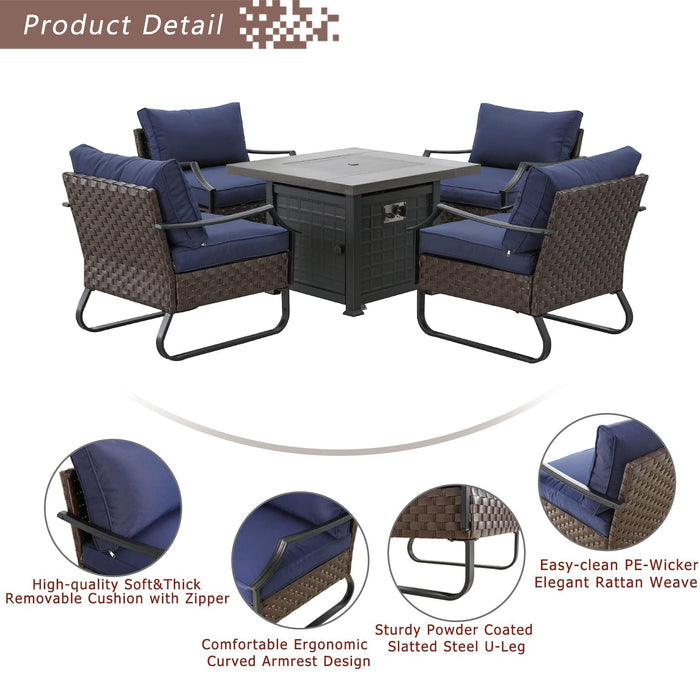 Festival Depot Fire Pit Table Set of Propane Fire Table and 4 Wicker Chairs with Thick Cushions for Patio Rattan Outdoor Furniture, CSA Certification, blue 