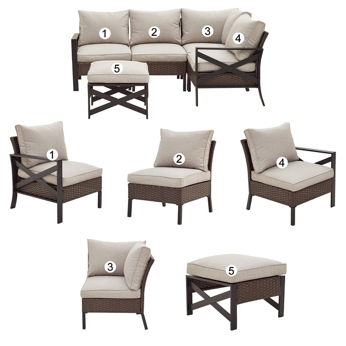Festival Depot 5 Pieces Patio Furniture Set All-Weather Rattan Wicker Metal Frame Sofa Chair Outdoor Conversation Set Sectional Corner Couch with Cushions, Ottoman and Coffee Table for Deck Poolside 