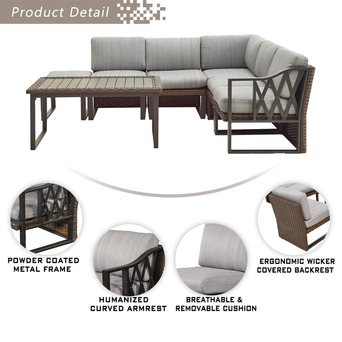 Festival Depot 7pcs Outdoor Furniture Patio Conversation Set Sectional Corner Sofa Chairs All Weather Brown Rattan Wicker Ottoman Slatted Coffee Table with Thick Seat Back Cushions (Grey) 