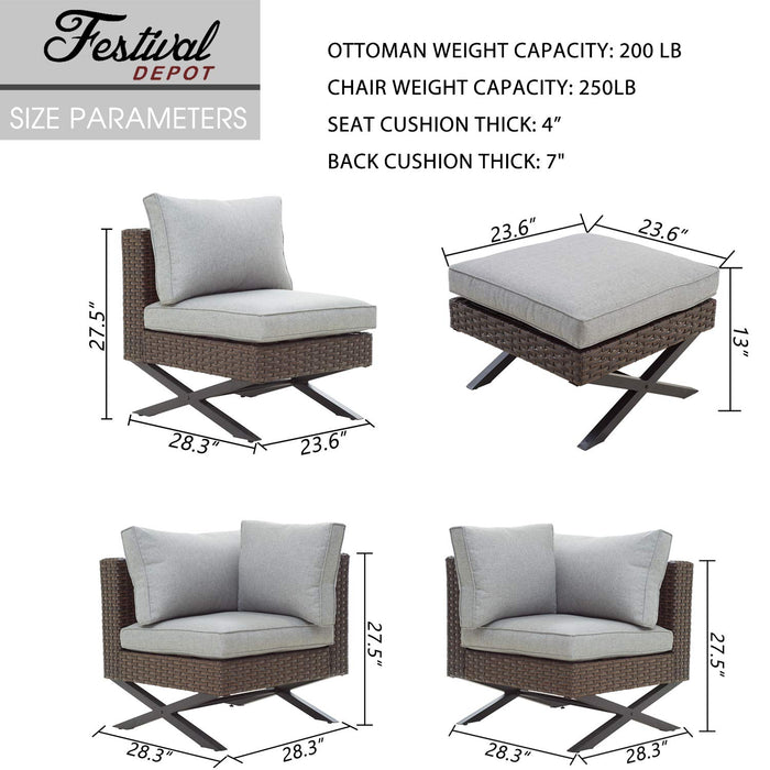 Festival Depot 4-Piece Patio Conversation Set Sectional Corner Sofa Combination X-Shaped Legs Outdoor All-Weather Wicker Metal Armless Chairs for Porch Lawn Garden Balcony Pool Backyard, Brown 