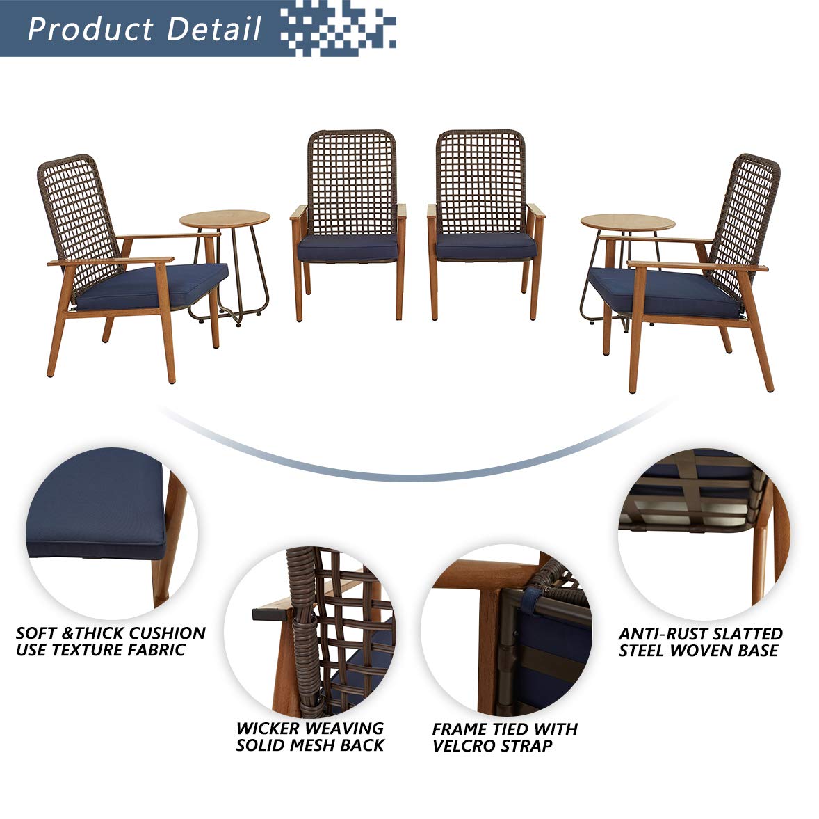 Festival Depot 6 Pieces Patio Outdoor Furniture Conversation Set with Metal Side Coffee Side Table Wooden-Color Steel Wicker Weaving Mesh Back Armchair with Cushions (Blue)