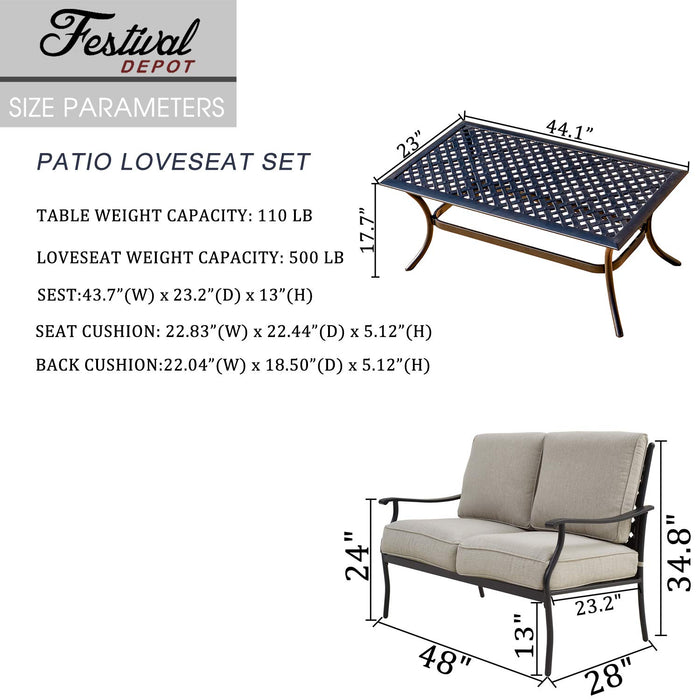 Festival Depot 2Pcs Patio Loveseat Set with Thick Cushions and Coffee Table Outdoor Metal Frame Seating Bench for Garden Bistro, Beige 